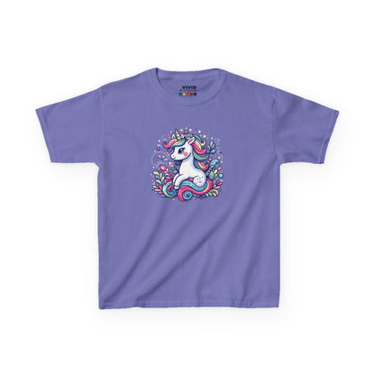 Front view of a purple "Unicorn Vibes" kids T-shirt featuring a colorful, whimsical unicorn design. Part of the Vivid Divergence Sensory Friendly Kids Shirts Range. The perfect T-shirt for sensory-sensitive kids and comes with a Sensory Satisfaction Promise.