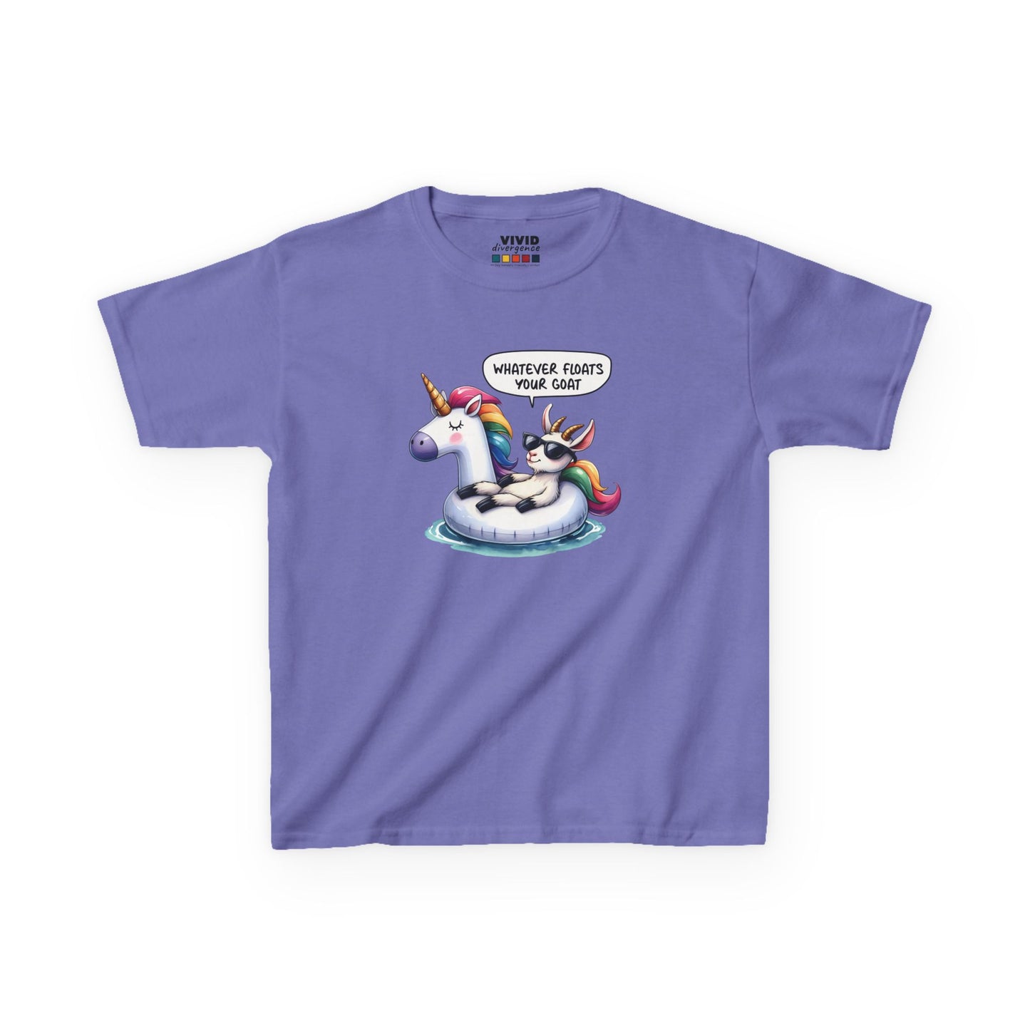 Front view of a purple "Whatever Floats Your Goat" kids T-shirt featuring a cartoon goat floating on a unicorn pool float. Part of the Vivid Divergence Sensory Friendly Kids Shirts Range. The perfect T-shirt for sensory-sensitive kids and comes with a Sensory Satisfaction Promise.