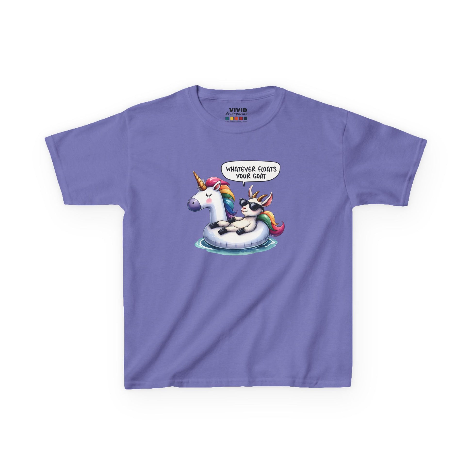 Front view of a purple "Whatever Floats Your Goat" kids T-shirt featuring a cartoon goat floating on a unicorn pool float. Part of the Vivid Divergence Sensory Friendly Kids Shirts Range. The perfect T-shirt for sensory-sensitive kids and comes with a Sensory Satisfaction Promise.