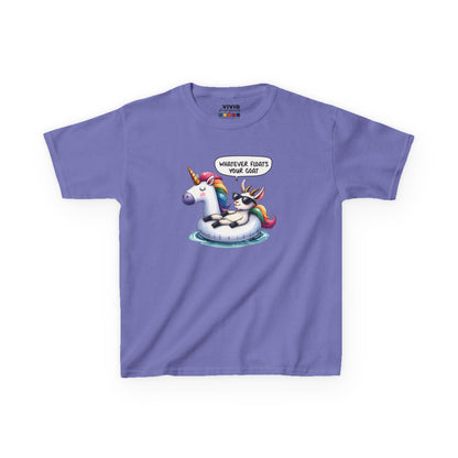 Front view of a purple "Whatever Floats Your Goat" kids T-shirt featuring a cartoon goat floating on a unicorn pool float. Part of the Vivid Divergence Sensory Friendly Kids Shirts Range. The perfect T-shirt for sensory-sensitive kids and comes with a Sensory Satisfaction Promise.