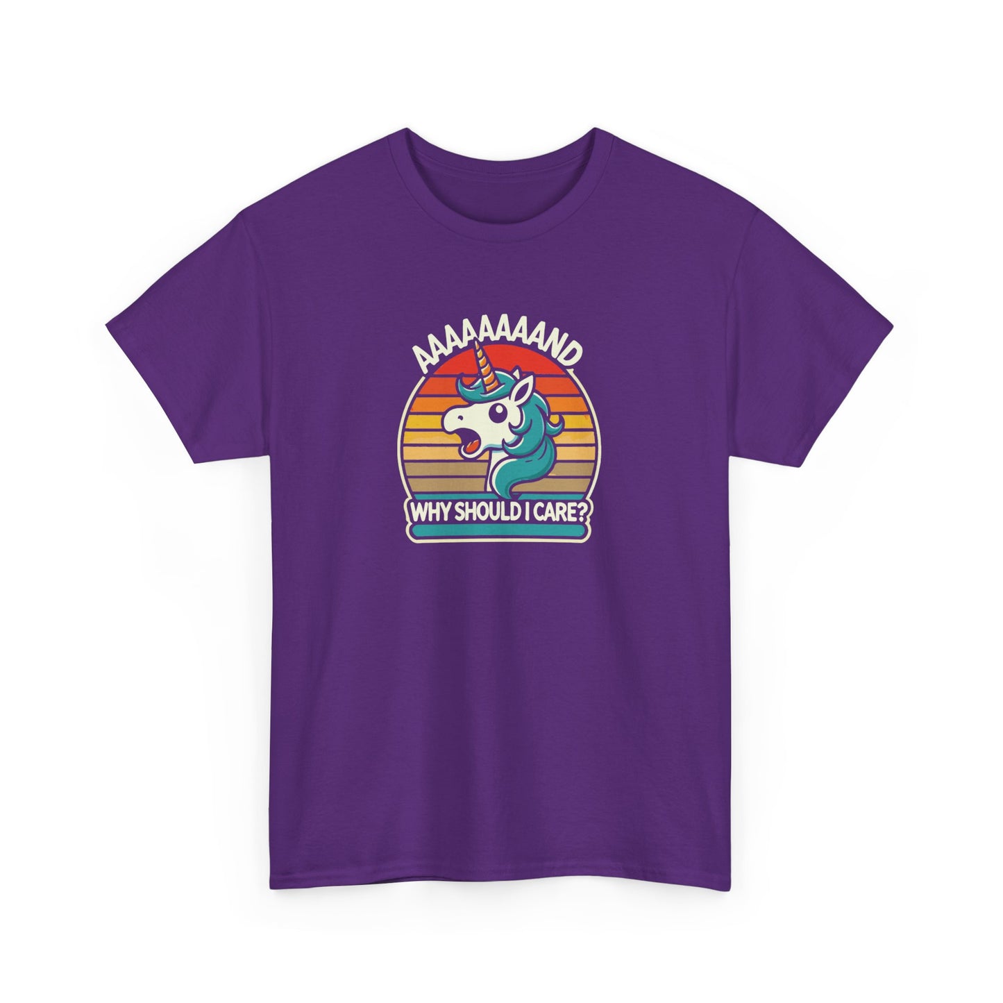 Front view of a purple T-shirt featuring a unicorn rainbow retro graphic with the phrase "Aaaaand Why Should I Care?" Part of the Vivid Divergence Sensory Friendly Unisex Tees Range.