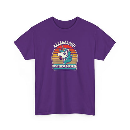 Front view of a purple T-shirt featuring a unicorn rainbow retro graphic with the phrase "Aaaaand Why Should I Care?" Part of the Vivid Divergence Sensory Friendly Unisex Tees Range.