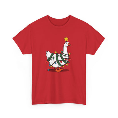 Front view of a red T-shirt featuring a festive illustration of a goose wearing a Santa hat and stringing Christmas lights, with the text "Goose on the Loose." Part of the Vivid Divergence Sensory Friendly Unisex Tees Range.