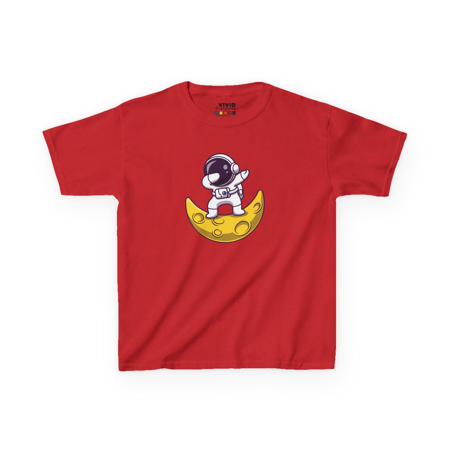 Front view of a red "Dabbing Astronaut on the Moon" kids T-shirt featuring an astronaut dabbing while sitting on a crescent moon. Part of the Vivid Divergence Sensory Friendly Kids Shirts Range. The perfect T-shirt for sensory-sensitive kids and comes with a Sensory Satisfaction Promise.