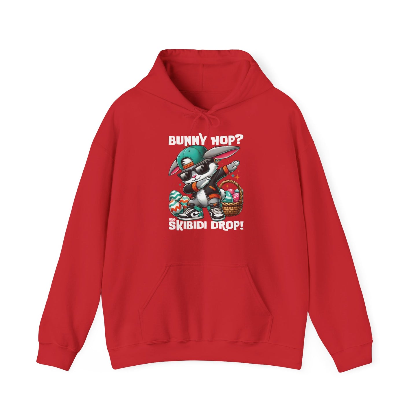 Front view of red hoodie with bold Dabbing Bunny Hop Skibidi Drop Easter graphic. Part of the Vivid Divergence Sensory Friendly Unisex Hoodies Range.
