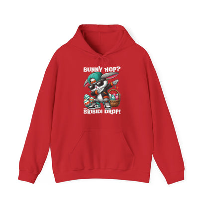 Front view of red hoodie with bold Dabbing Bunny Hop Skibidi Drop Easter graphic. Part of the Vivid Divergence Sensory Friendly Unisex Hoodies Range.
