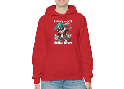 Woman in red hoodie with Dabbing Bunny Hop Skibidi Drop Easter print. Part of the Vivid Divergence Sensory Friendly Unisex Hoodies Range.