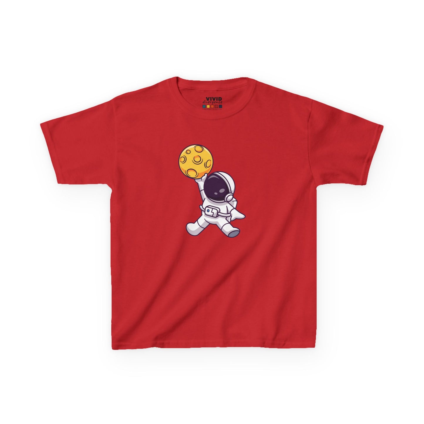 Front view of a red "Dunking Astronaut" space basketball kids T-shirt featuring an astronaut dunking a basketball designed as a planet. Part of the Vivid Divergence Sensory Friendly Kids Shirts Range. The perfect T-shirt for sensory-sensitive kids and comes with a Sensory Satisfaction Promise.