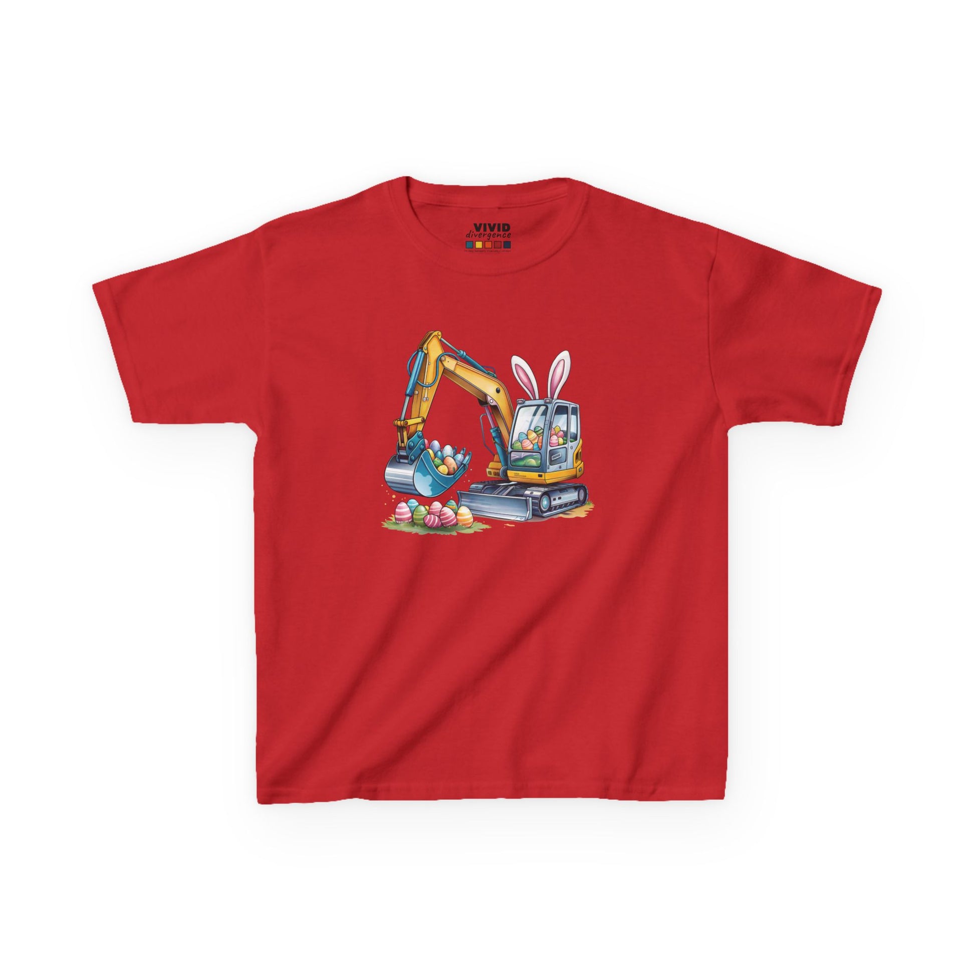 Red kids' T-shirt featuring an Easter construction scene with an excavator and colorful eggs, a festive and fun outfit. Hop into the season in style and shop Easter shirts online today!
