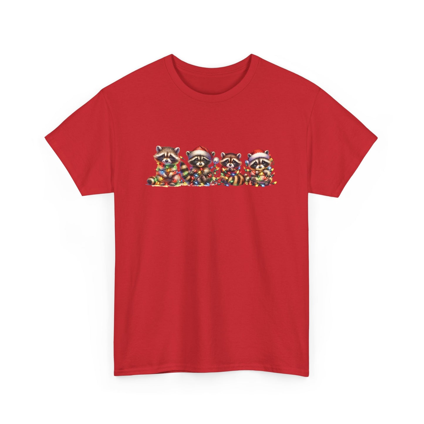 Front view of a red T-shirt featuring a festive illustration of raccoons in Christmas attire causing holiday chaos. Part of the Vivid Divergence Sensory Friendly Unisex Tees Range.
