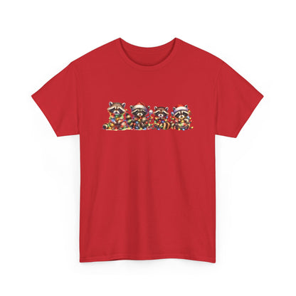 Front view of a red T-shirt featuring a festive illustration of raccoons in Christmas attire causing holiday chaos. Part of the Vivid Divergence Sensory Friendly Unisex Tees Range.