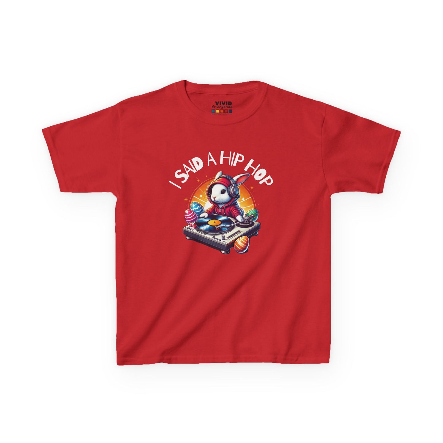 Red kids' T-shirt featuring a groovy Easter bunny with "I Said A Hip Hop" text, perfect for remixing your holiday style. Hop into the season in style and shop Easter shirts online today!