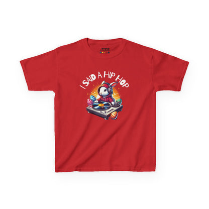 Red kids' T-shirt featuring a groovy Easter bunny with "I Said A Hip Hop" text, perfect for remixing your holiday style. Hop into the season in style and shop Easter shirts online today!