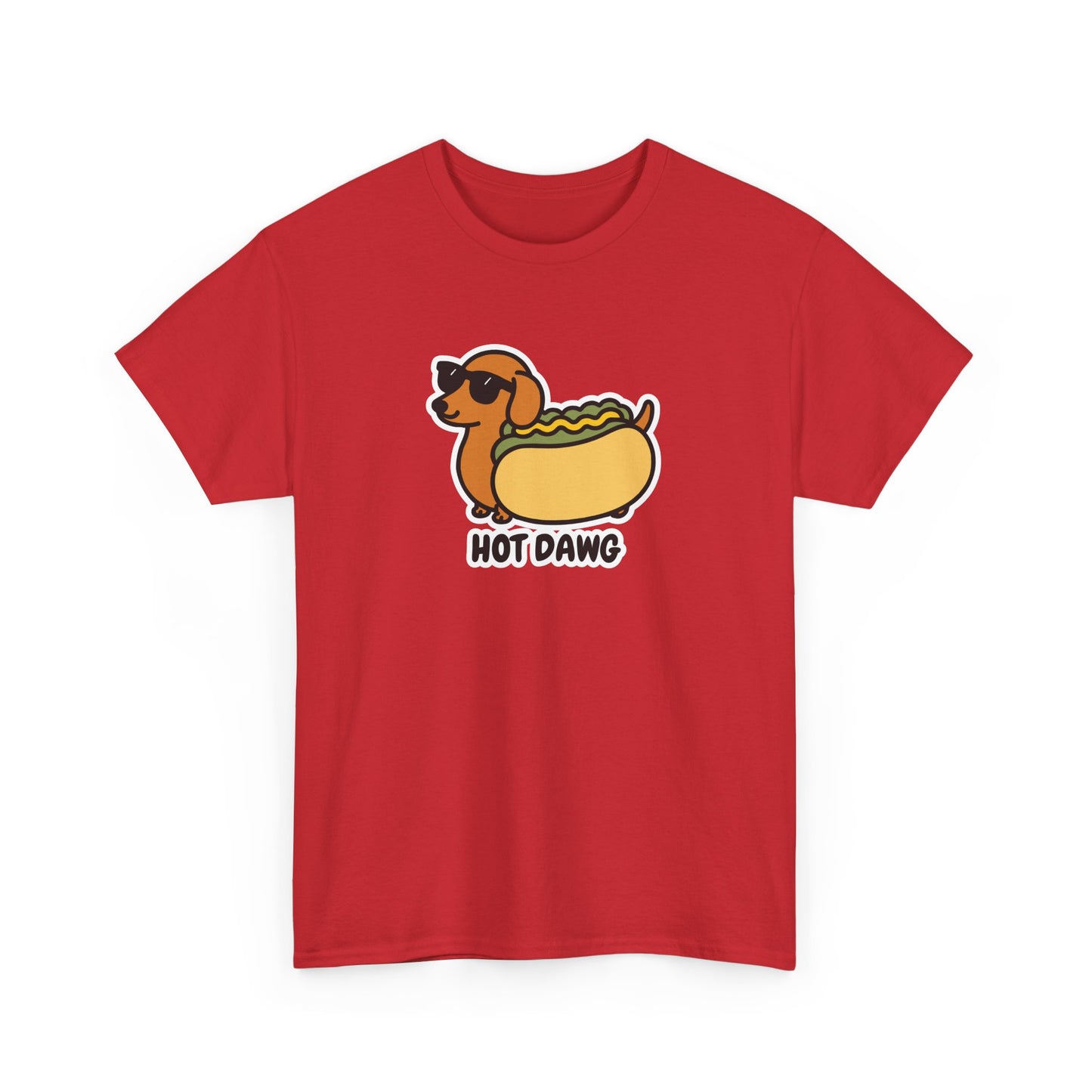 Front view of a red T-shirt featuring a "Hot Dawg" design with a cartoon dachshund inside a hot dog bun wearing sunglasses. Part of the Vivid Divergence Sensory Friendly Unisex Tees Range.