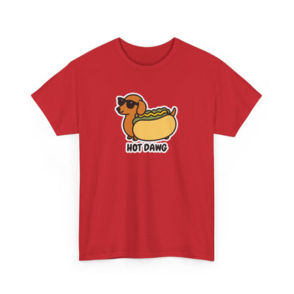 Front view of a red T-shirt featuring a "Hot Dawg" design with a cartoon dachshund inside a hot dog bun wearing sunglasses. Part of the Vivid Divergence Sensory Friendly Unisex Tees Range.