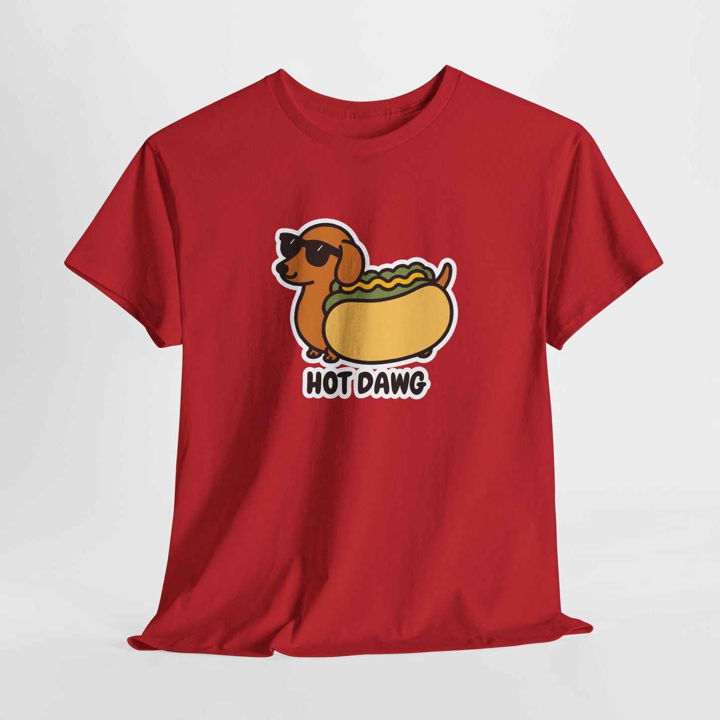 Hanging red T-shirt featuring a "Hot Dawg" design with a cartoon dachshund inside a hot dog bun wearing sunglasses. Part of the Vivid Divergence Sensory Friendly Unisex Tees Range.
