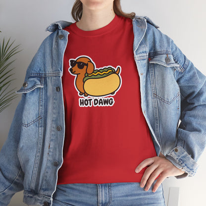 Model wearing a red T-shirt featuring a "Hot Dawg" design with a cartoon dachshund inside a hot dog bun wearing sunglasses. Part of the Vivid Divergence Sensory Friendly Unisex Tees Range.