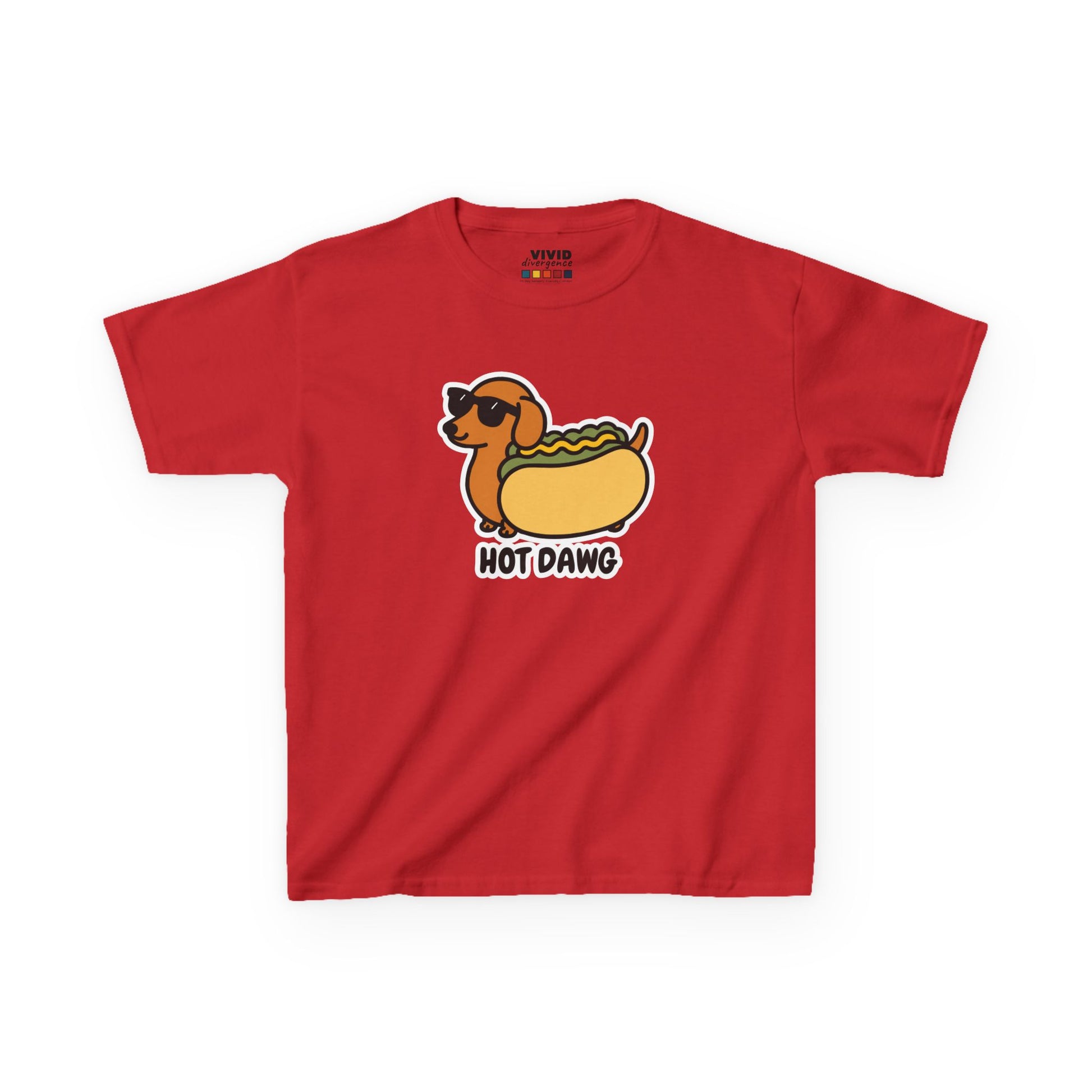 Front view of a red "Hot Dawg" kids T-shirt featuring a cartoon dachshund in a hot dog bun. Part of the Vivid Divergence Sensory Friendly Kids Shirts Range. The perfect T-shirt for sensory-sensitive kids and comes with a Sensory Satisfaction Promise.