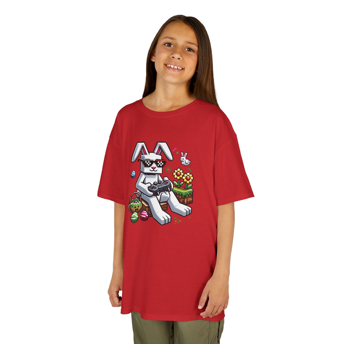 Child wearing a red Easter T-shirt with a blocky bunny and colorful eggs, perfect for young gamers. Hop into the season in style and shop Easter shirts online today!