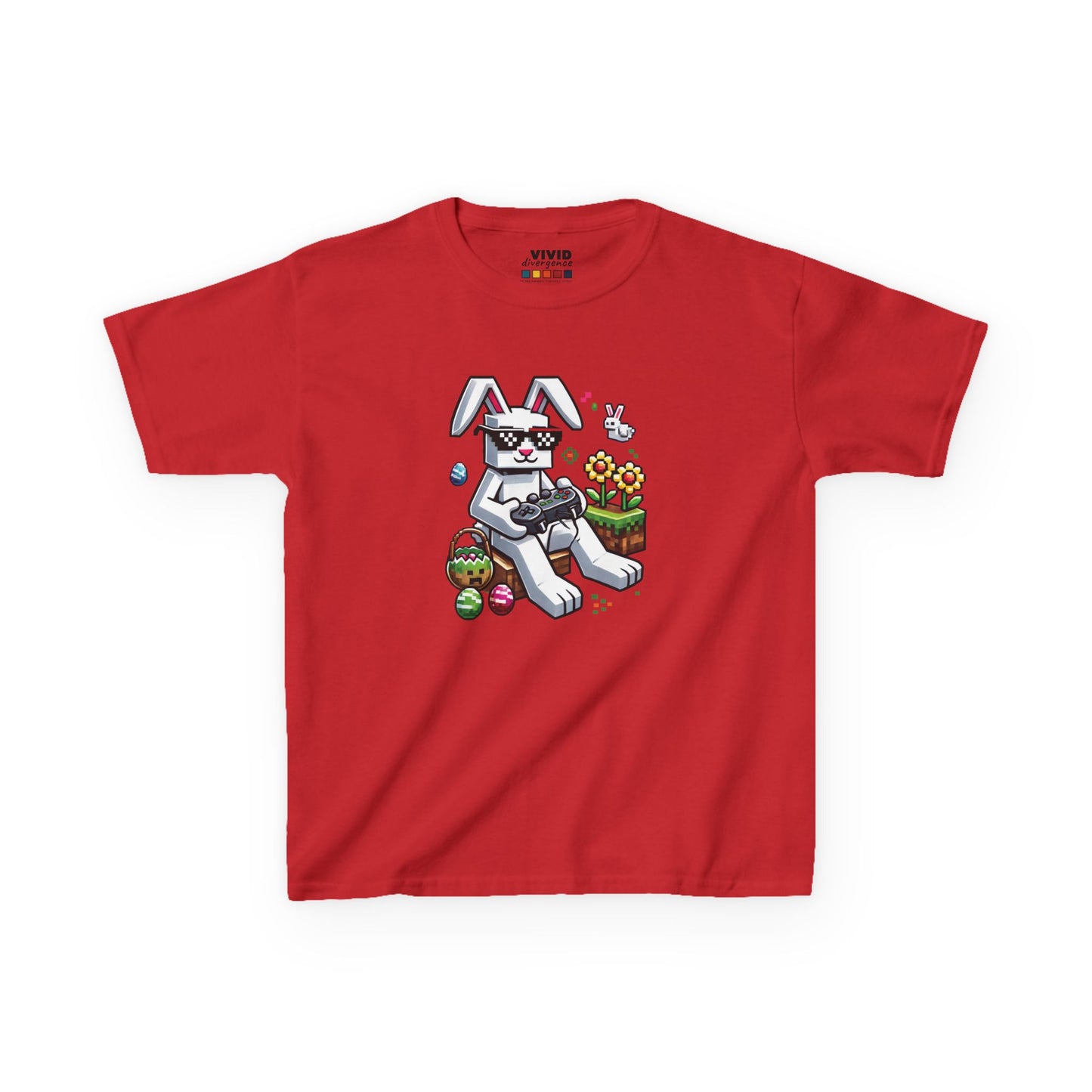 Red kids' T-shirt showcasing a pixelated Easter bunny with festive eggs, a fun holiday choice for gamers. Hop into the season in style and shop Easter shirts online today!