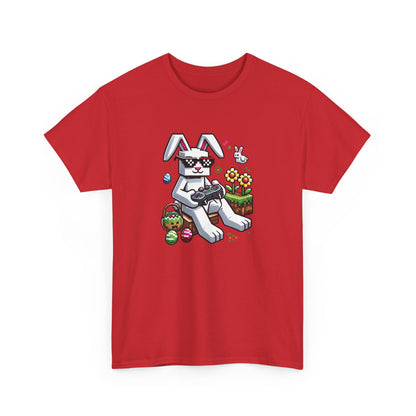 Red Easter T-shirt featuring a pixelated Easter bunny and blocky eggs, perfect for kids who love gaming. Hop into the season in style and shop Easter shirts online today!