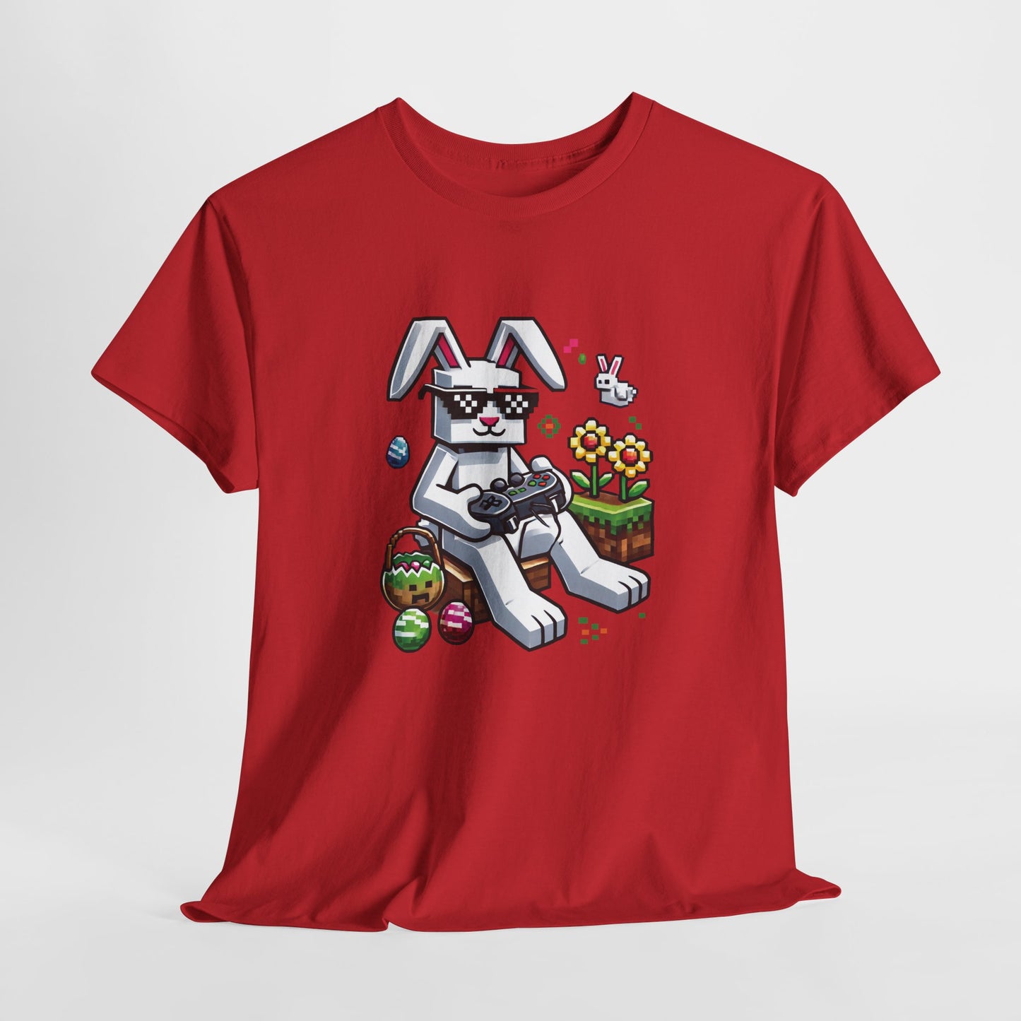 Red T-shirt hanging, featuring a blocky Easter bunny and festive pixel eggs, blending gaming and holiday fun. Hop into the season in style and shop Easter shirts online today!