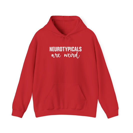 Front view of a red hoodie featuring the text "Neurotypicals Are Weird" in bold white lettering. Part of the Vivid Divergence Sensory Friendly Unisex Hoodie Range.