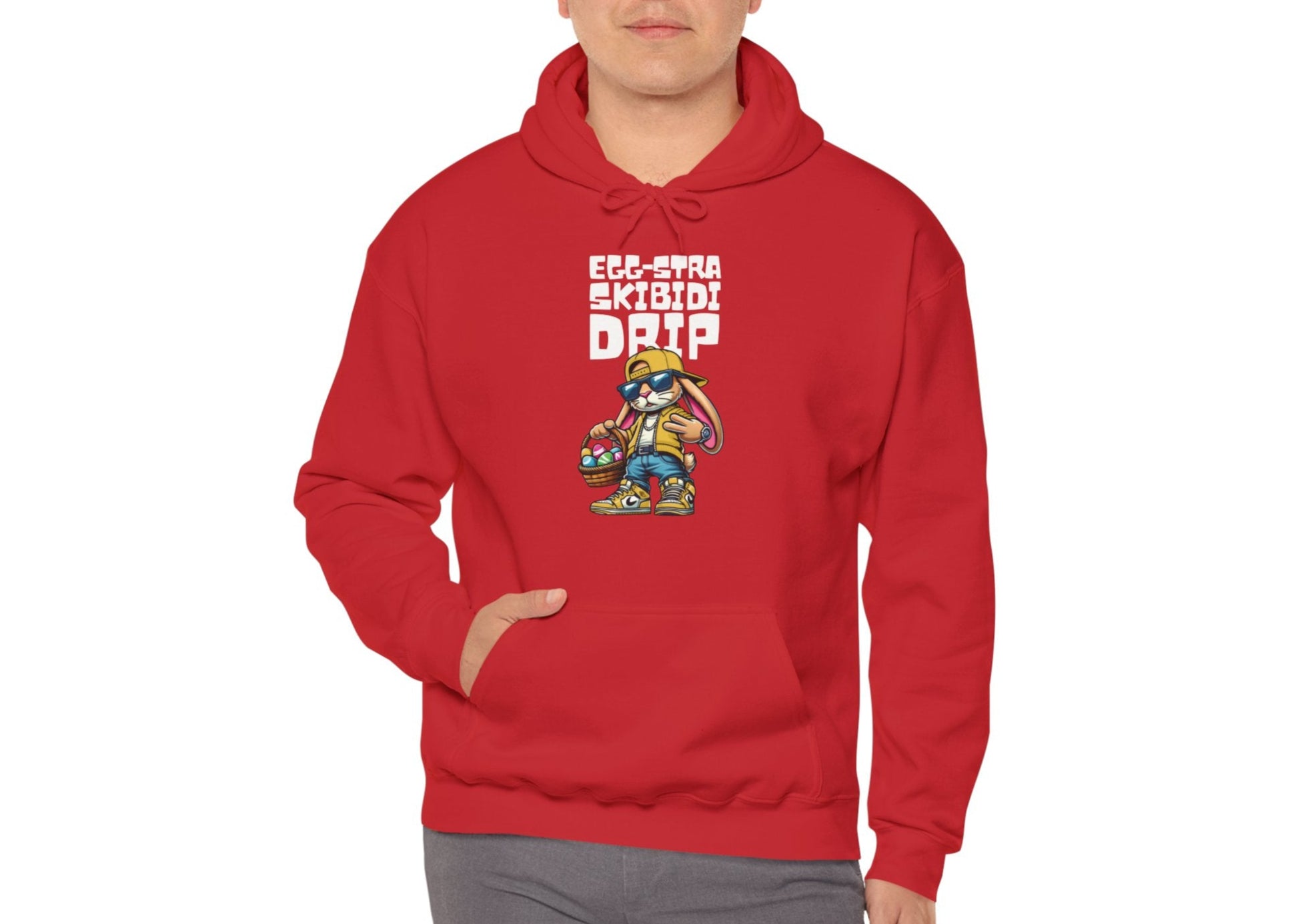 Close-up of red hoodie with Skibidi Drip viral Easter design and bunny art. Part of the Vivid Divergence Sensory Friendly Unisex Hoodies Range.
