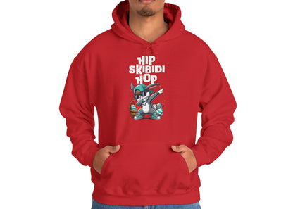 Man in red hoodie with Skibidi dab bunny and Easter hip hop graphic. Part of the Vivid Divergence Sensory Friendly Unisex Hoodies Range.
