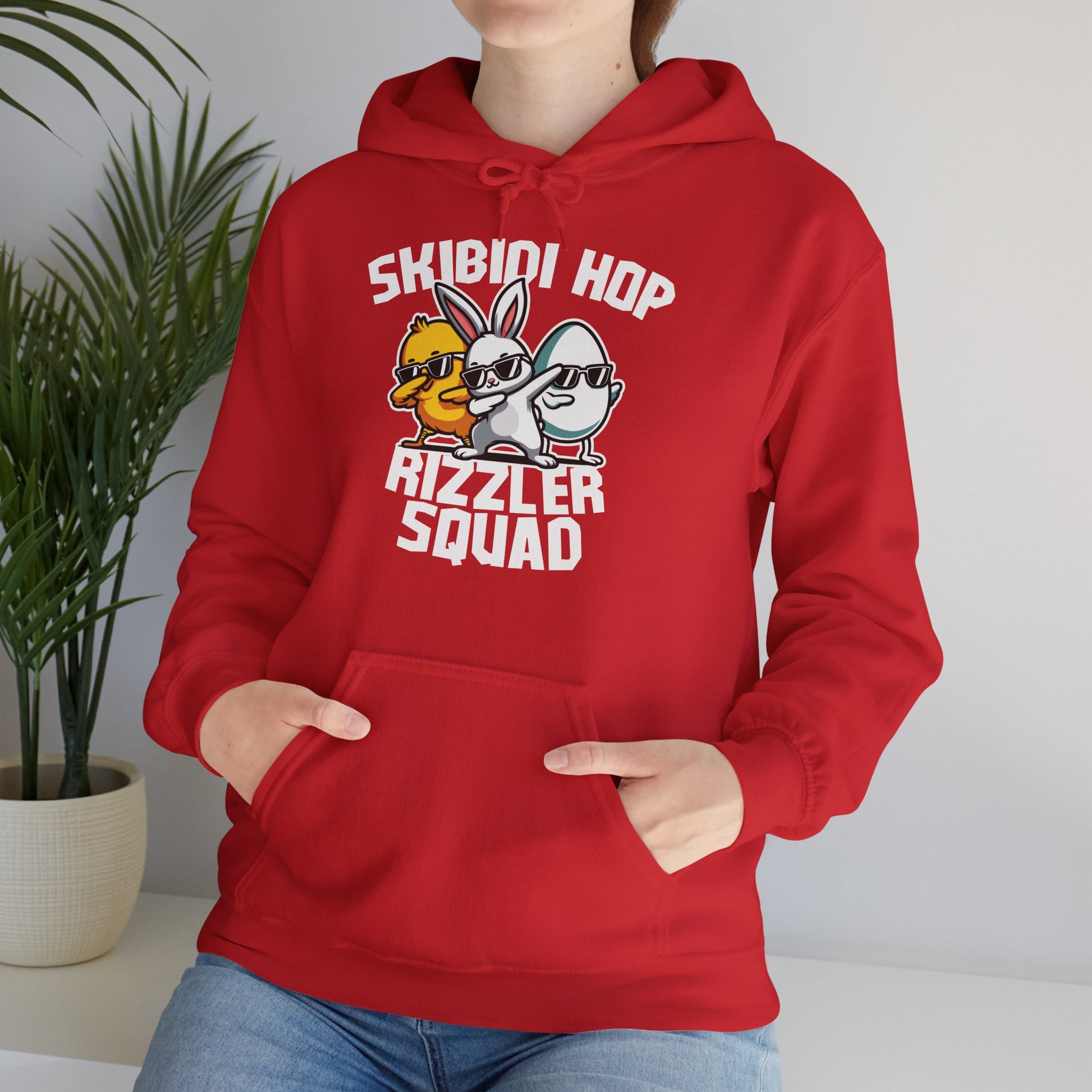 Close-up of red hoodie with Skibidi Hop Rizzler Squad Easter meme design. Part of the Vivid Divergence Sensory Friendly Unisex Hoodies Range.
