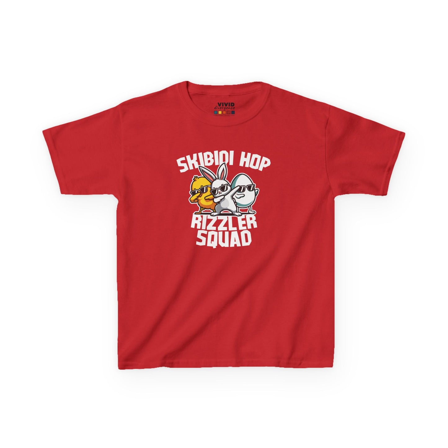 Red kids' T-shirt featuring "Skibidi Hop Rizzler Squad" text with a viral Easter meme theme, a bold and fun choice. Hop into the season in style and shop Easter shirts online today!