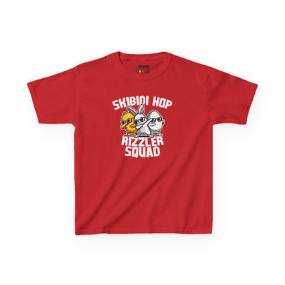 Red kids' T-shirt featuring "Skibidi Hop Rizzler Squad" text with a viral Easter meme theme, a bold and fun choice. Hop into the season in style and shop Easter shirts online today!