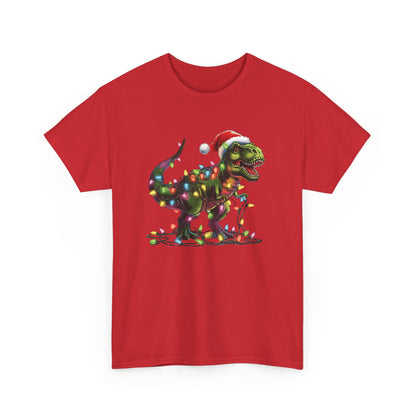 Red T-shirt featuring a playful T-Rex wrapped in Christmas lights with a Santa hat. Part of the Vivid Divergence Sensory Friendly Unisex Tees Range.