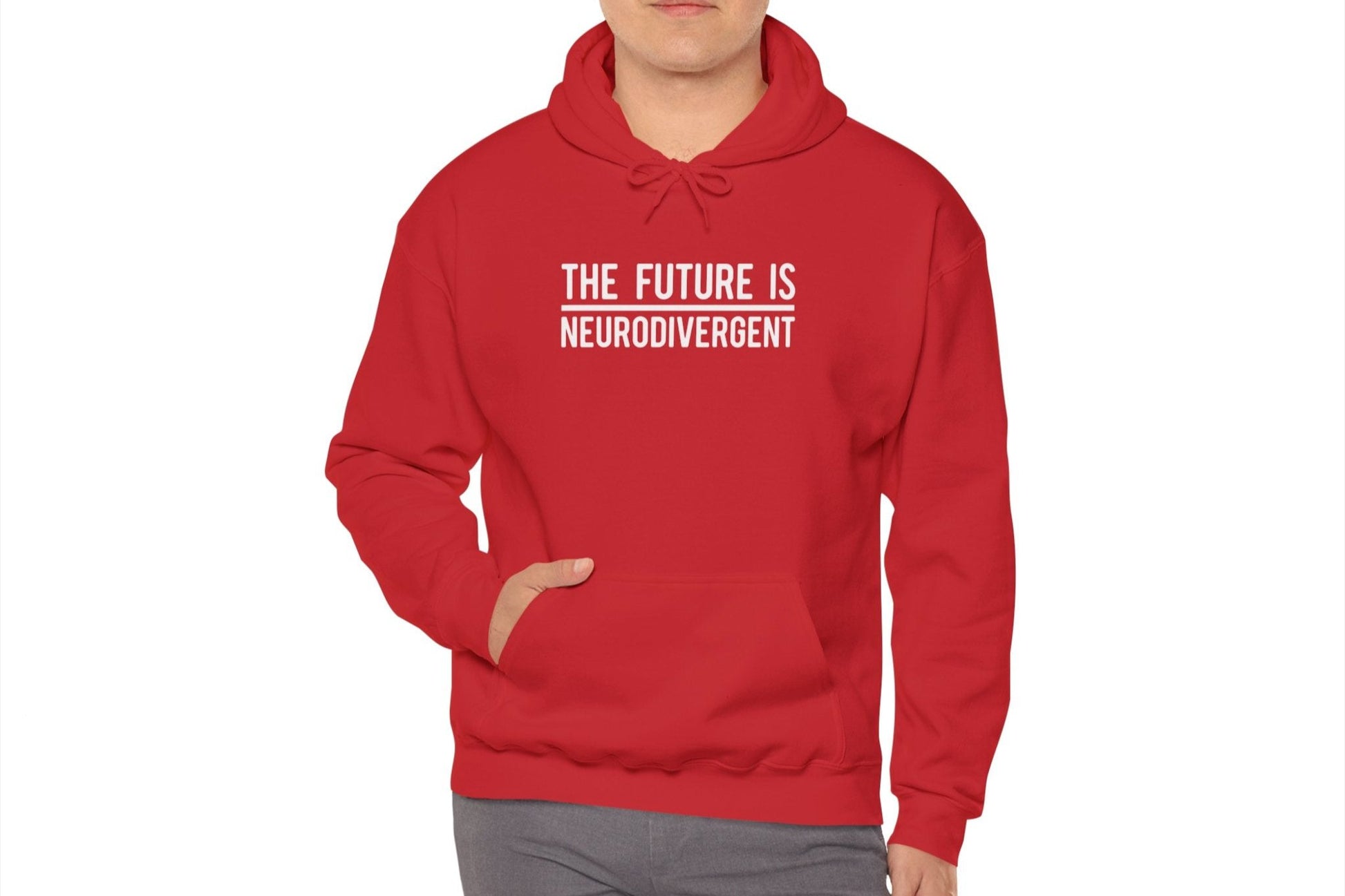 Model wearing a red hoodie featuring the text "The Future is Neurodivergent" in bold white lettering. Part of the Vivid Divergence Sensory Friendly Unisex Hoodie Range.