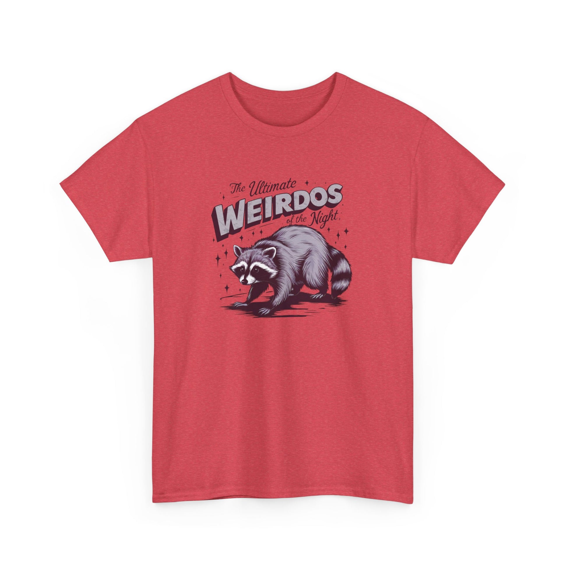 Front view of a red T-shirt with "Weirdos of the Night" and an illustrated raccoon graphic in bold purple and white text. Part of the Vivid Divergence Sensory Friendly Unisex Tees Range.