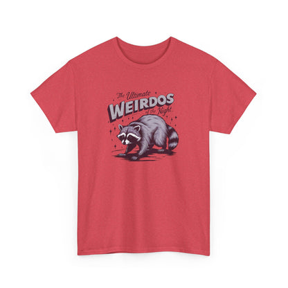 Front view of a red T-shirt with "Weirdos of the Night" and an illustrated raccoon graphic in bold purple and white text. Part of the Vivid Divergence Sensory Friendly Unisex Tees Range.
