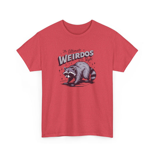 Front view of a red T-shirt with "Weirdos of the Night" and an illustrated raccoon graphic in bold purple and white text. Part of the Vivid Divergence Sensory Friendly Unisex Tees Range.