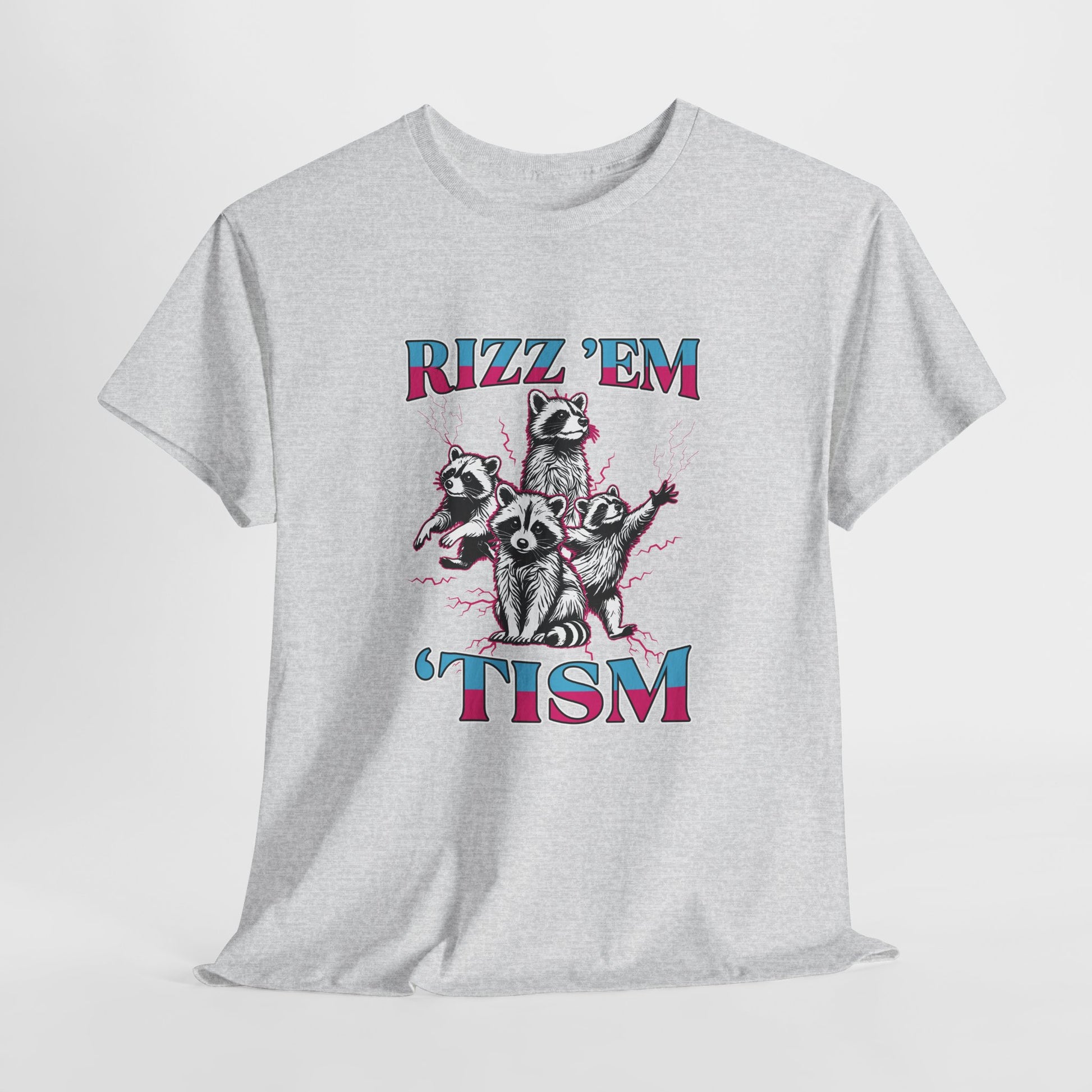Front view of a gray T-shirt featuring a raccoon illustration with the phrase "RIZZ 'EM 'TISM" in bold blue and pink text. Part of the Vivid Divergence Sensory Friendly Unisex Tees Range.