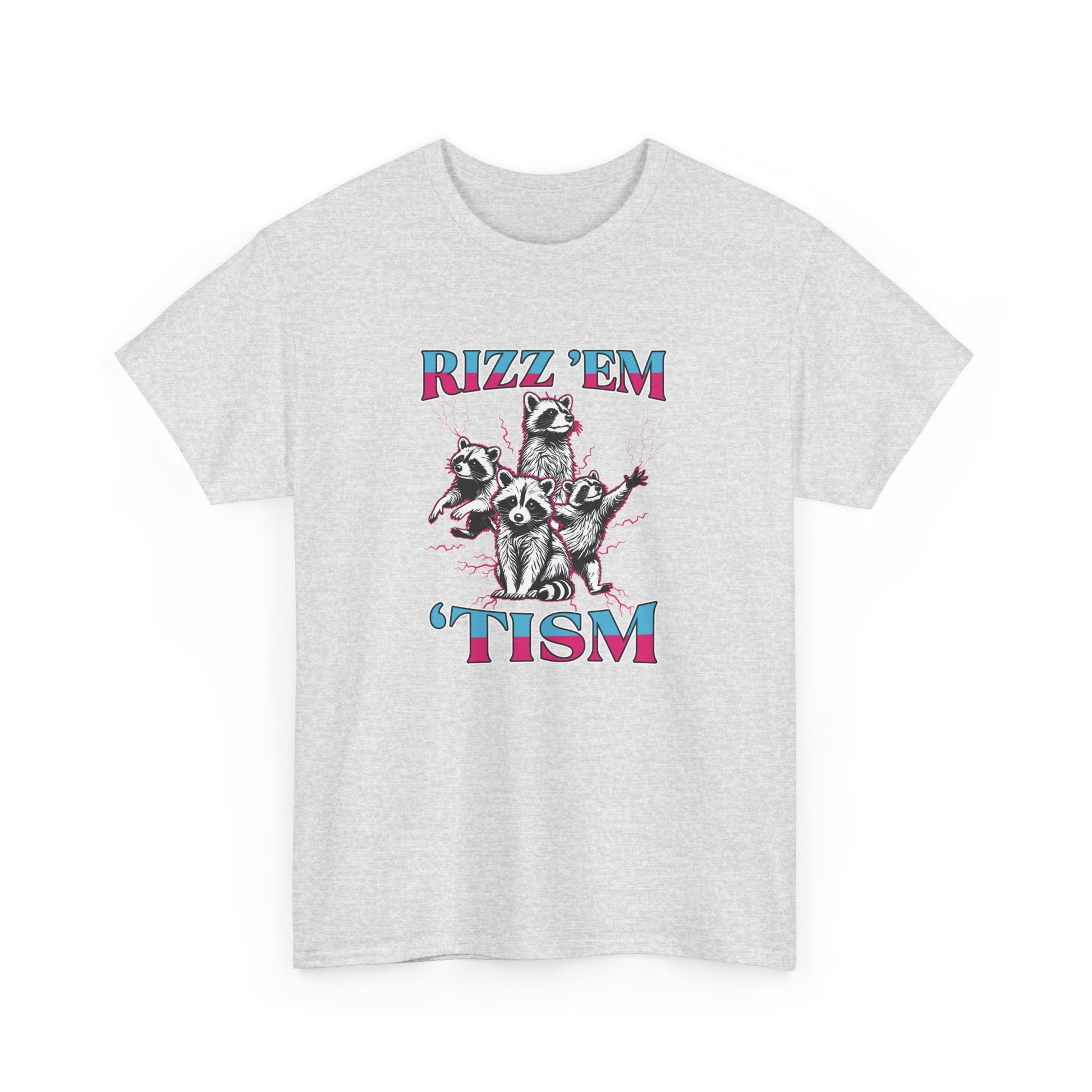 Flat-lay of a light gray "RIZZ 'EM 'TISM" T-shirt with raccoon illustration on a plain background. Part of the Vivid Divergence Sensory Friendly Unisex Tees Range.