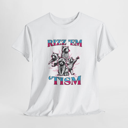 Front view of a white T-shirt featuring a raccoon illustration with the phrase "RIZZ 'EM 'TISM" in bold blue and pink text. Part of the Vivid Divergence Sensory Friendly Unisex Tees Range.