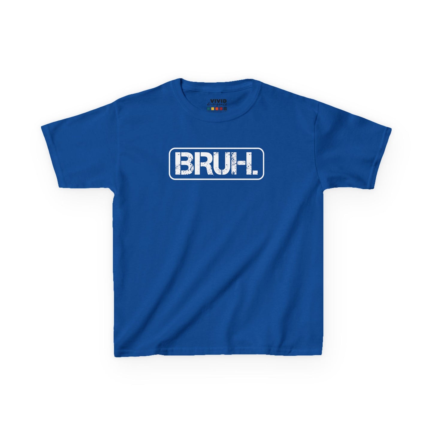Front view of a royal blue "Bruh" meme kids T-shirt featuring bold white text in a rectangular box. Part of the Vivid Divergence Sensory Friendly Kids Shirts Range. The perfect T-shirt for sensory-sensitive kids and comes with a Sensory Satisfaction Promise.