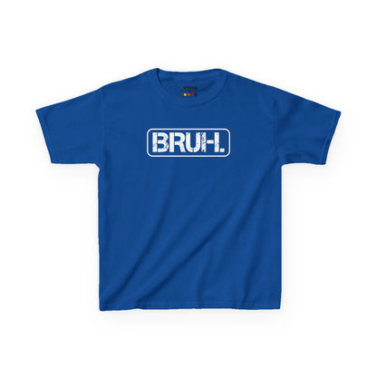 Front view of a royal blue "Bruh" meme kids T-shirt featuring bold white text in a rectangular box. Part of the Vivid Divergence Sensory Friendly Kids Shirts Range. The perfect T-shirt for sensory-sensitive kids and comes with a Sensory Satisfaction Promise.