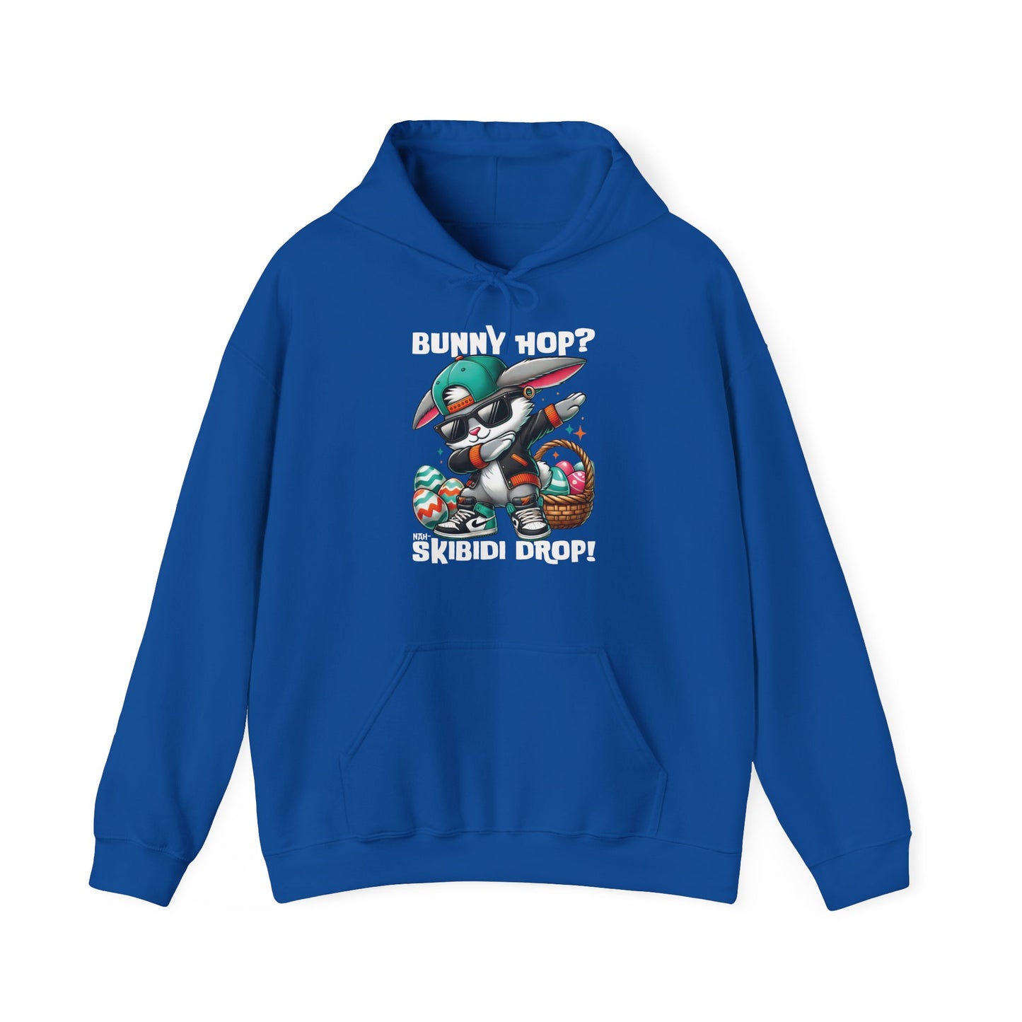 Front view of royal blue hoodie with Easter Dabbing Bunny and Skibidi Drop text. Part of the Vivid Divergence Sensory Friendly Unisex Hoodies Range.
