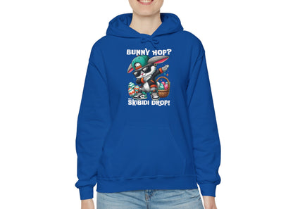 Woman in royal blue hoodie with Dabbing Bunny Hop and Skibidi Drop meme. Part of the Vivid Divergence Sensory Friendly Unisex Hoodies Range.
