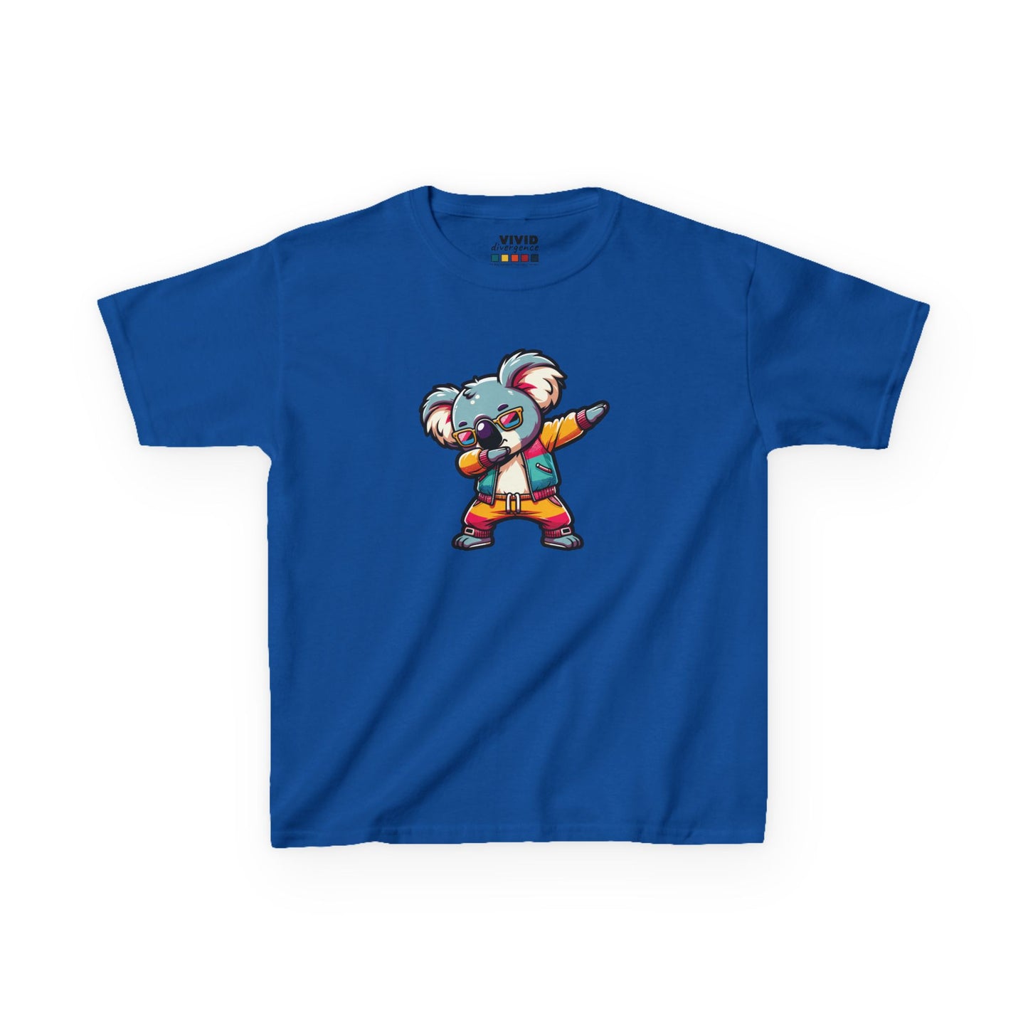 Front view of a royal blue "Dabbing Koala" kids T-shirt featuring a cartoon koala in a dabbing pose. Part of the Vivid Divergence Sensory Friendly Kids Shirts Range. The perfect T-shirt for sensory-sensitive kids and comes with a Sensory Satisfaction Promise.