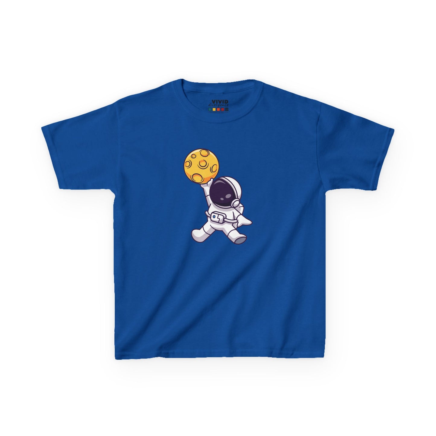 Front view of a royal blue "Dunking Astronaut" space basketball kids T-shirt featuring an astronaut dunking a basketball designed as a planet. Part of the Vivid Divergence Sensory Friendly Kids Shirts Range. The perfect T-shirt for sensory-sensitive kids and comes with a Sensory Satisfaction Promise.