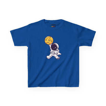 Front view of a royal blue "Dunking Astronaut" space basketball kids T-shirt featuring an astronaut dunking a basketball designed as a planet. Part of the Vivid Divergence Sensory Friendly Kids Shirts Range. The perfect T-shirt for sensory-sensitive kids and comes with a Sensory Satisfaction Promise.