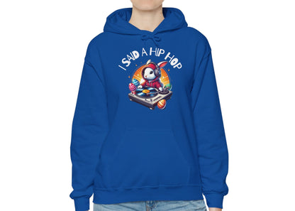 Woman in royal blue hoodie with bold Easter hip hop graphic. Part of the Vivid Divergence Sensory Friendly Unisex Hoodies Range.