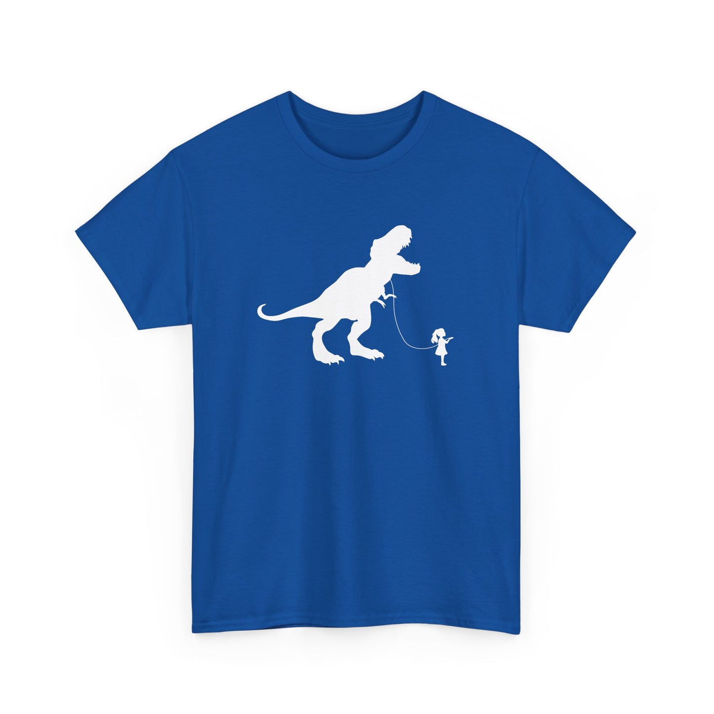 Front view of a royal blue T-shirt featuring a white silhouette of a girl walking a T-Rex on a leash. Part of the Vivid Divergence Sensory Friendly Unisex Tees Range.