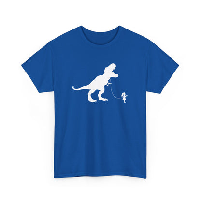 Front view of a royal blue T-shirt featuring a white silhouette of a girl walking a T-Rex on a leash. Part of the Vivid Divergence Sensory Friendly Unisex Tees Range.